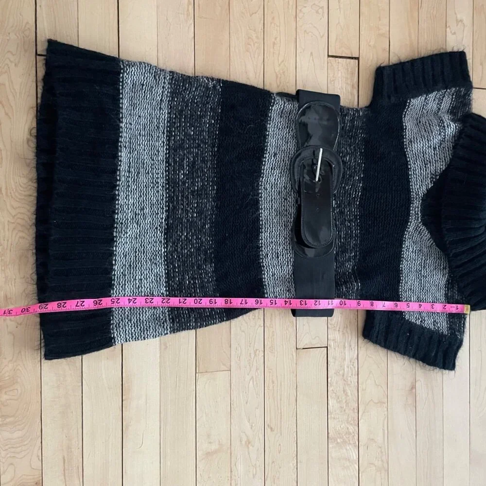 Vintage Y2K Say What Sweater Dress L Cowl Neck Belt Knit Striped Librarian Fall